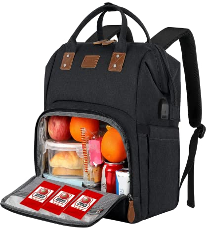 Gåvor till honom henne, extra stor lunchryggsäck, 17 tums reseryggsäck för bärbar dator för kvinnor män, USB-port högskola skola student bokväska, isolerad kylryggsäck lunchlåda sjuksköterska arbetsryggsäckar, svart