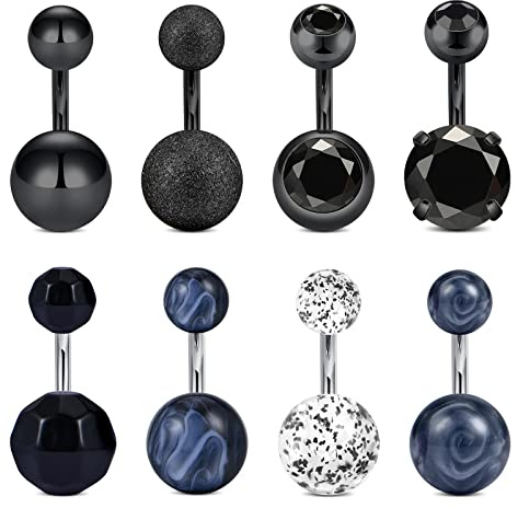 Funseedrr 8pcs Piercing Nombril Court Barres Acier Chirurgical 14G 6mm Bananebells Anneaux de Ventre Nombril Piercing Bijoux