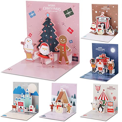 6 Pezzi 3D Cartoline di Natale con Buste, JRISBO Biglietti Auguri Natale 3D Pop-Up Christmas Cards Colorato Set di Cartoline Natale Xmas Regalo di Natale per Bambini Amici Famiglia