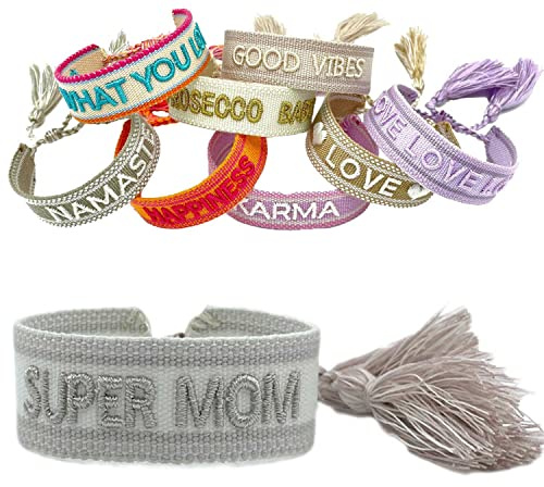 LS-LebenStil Exklusives Statement Armband - das Original - Super Mom Silber Grau 16-20cm Quasten besticktes Boho Canvas Webarmband Damen Freundschaftsarmband Geschenk gewebt textil Stoffarmband
