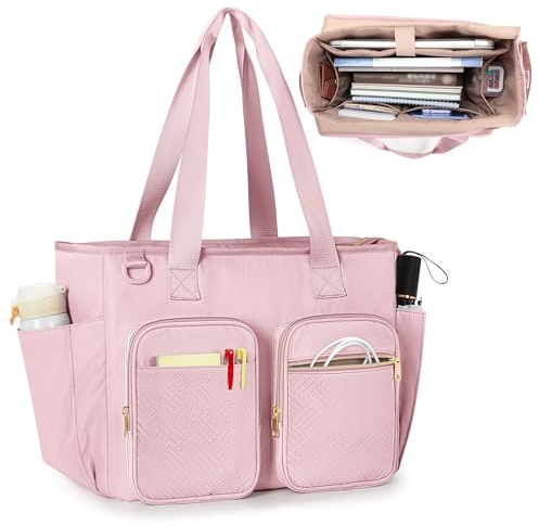 Prokva Teacher Bag with Laptop Compartment, Large Teacher Tote Bag for Women Work and Teacher Supplies, Pink
