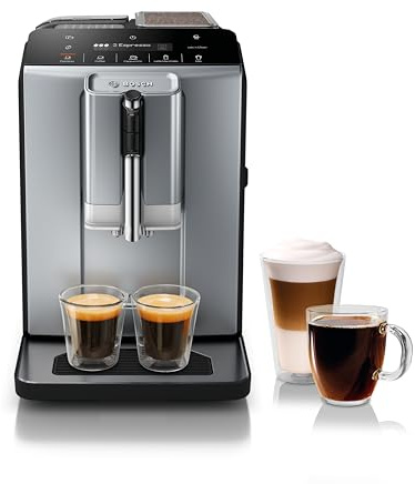 Bosch TIU20508 300 Series Fully Automatic Espresso Machine with Milk Express (in-cup frother), LCD + Touch Control Panel, Cup Warmer, OneTouch Milk-based Beverages and 5 Beverage Options, Dark Silver