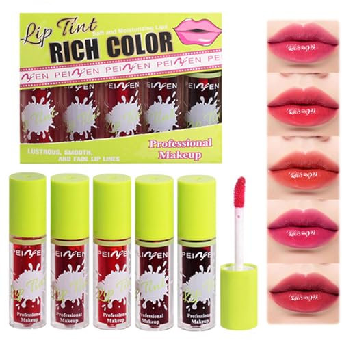 5 Pcs Lip Tint Stain Set,Lip Stain Long Lasting Waterproof And Sweat-Proof,High Colour Development Mini Liquid Lipstick Moisturizing Lip Makeup Non-Stick Cup Lip Tint For Women And Girls