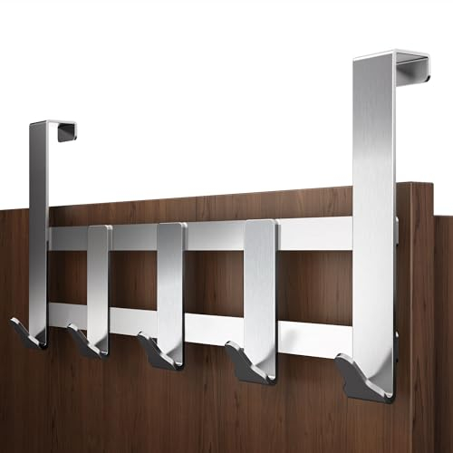 Menz Premium Türgarderobe zum Einhängen, Edelstahl - Türhaken zum Einhängen für schwere Lasten, formstabile Kleiderhaken Tür, universelle Türhakenleiste mit 5 Haken, Handtuchhalter Tür