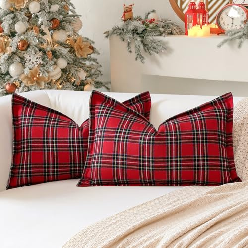 Sungeek Fundas de Cojín de Tartán Escocés Navideño 30 x 50 cm Juego de 2 Fundas de Cojín Lumbar Decorativas de Lino a Cuadros Escoceses con Borde Cosido para Sofá Cama Sala de Estar 12x20 Pulgadas