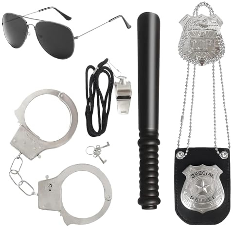 Set med 6 polisdräkter, Swat-kostym, handbojor, bricka, solglasögon, rollspel, tillbehör, polisdräkt, karneval, cosplay