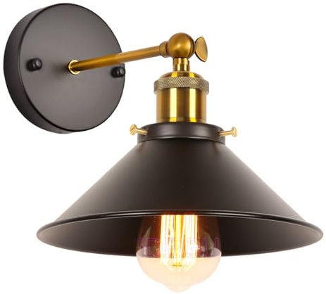 iDEGU Applique Murale Intérieure Moderne E27 Lampe Murale en Métal 22cm Lampe Abat-jour Rétro Réglable Luminaire Plafonnier Vintage Lampe de Mur pour Chambre Salon Cuisine Café Couloir (Noir)