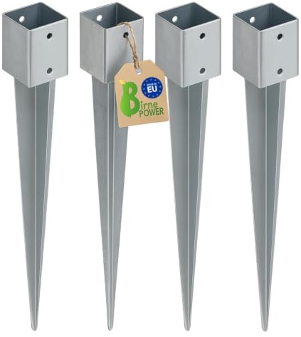 BirnePower Support de Poteau à Enfoncer 46x46 mm. Ancrage au Sol en Acier Galvanisé à Chaud Longueur 550 mm pour Poteaux en Bois Carrés, Clôtures (Lot de 4)