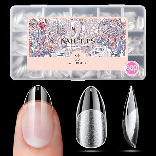AZUREBEAUTY Short Almond Nail Tips, 600pcs Pre Etched Soft Gel Nail Tips 15Sizes Acrylic Fake Nails Half Matte Full Cover Clear Press On False Nail Extensions for DIY Manicure at Home Nail Art