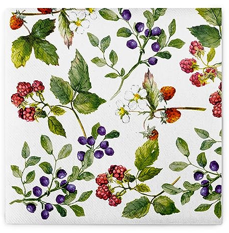 Sovie HOME Serviette ELSE ROT BLAU, Linclass Airlaid, 40x40cm, 12 Stück, 1/4 Falz, Design Himbeeren Blaubeeren Heidelbeeren, stoffähnliche Einwegserviette - Ideal für Events