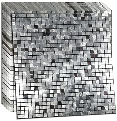 XUANINY 10-Piece Peel and Stick Backsplash for Kitchen Aluminum 3D Wall Sticker Panel Self-Adhesive Metal Mosaic Tile (11.41x11.41 Silver)