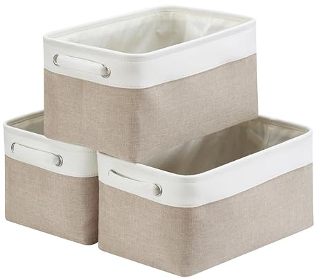 Mangata Canvas Storage Box 3 Pack, Fabric Storage Basket with Handles for Cupboards, Shelves, Clothes, Toys (Medium, Foldable, Light Khaki White)