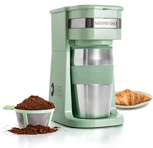 Mixpresso Green Personal Single Serve Coffee Maker with 14oz Travel Mug, Drip Small Coffee Maker with Auto Shut Off, Reusable Filter, Works with Ground Coffee Only – Not for K-Cup Pods
