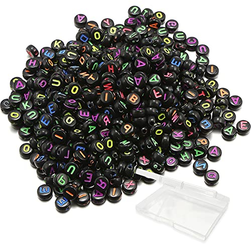 Maigendoo 1000 Stück Buchstaben Perlen zum Auffädeln 4x7mm Bunt Buchstabenperlen mit Aufbewahrungsbox Rund Bastelnperlen A-Z Alphabet Perlen für Schmuck Basteln DIY Armbänder Anhänger, Schwarze