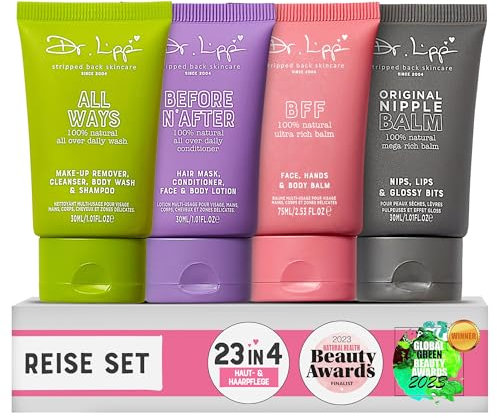 Dr. Lipp All You Need [2 x 100ml, 75ml y 15ml] – Kit natural 23-en-4 multifunción: gel de ducha, champú, acondicionador, loción corporal, bálsamo labial y para pezones – cuidado piel y cabello seco