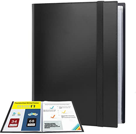 Aevdor Photo Album 5.5x8.5 Inch, Small Photo Album with Sleeves, 34-Pocket Displays 68 Half Size Pages, Mini Booklets Half Size Binder for Artwork Playbills Drawings Photos (Black)