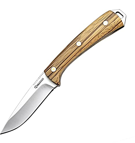 Harnds Cheetah Couteau fixe avec lame en acier 8Cr14MoV, manche en bois de zèbre, étui en cuir