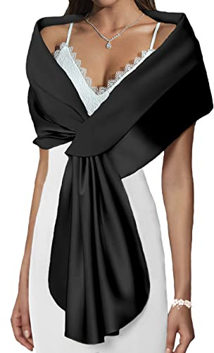 Atigy Satin Châle Mariage Boléro Châles Mariée Élégant Fête Cérémonie Châles Étoles pour Femmes Robes de Soirée (S, Noir)