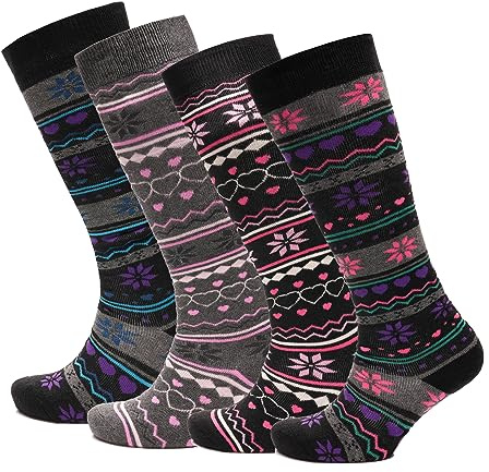 Sock Stack Ladies Design Ski Wellington Boot Socks 4 Pairs Womens Cotton Rich Walking Hiking Fair Isle Nordic Patterns High Knee Long Thermal Socks, UK 4-7