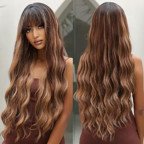 OUFEI - Parrucche Ombre Castano con Evidenziature per Donna, Lunghe e Ondulate con Frangietta, Capelli Sintetici Naturali, Resistenti al Calore, per Uso Quotidiano, Festa e Cosplay
