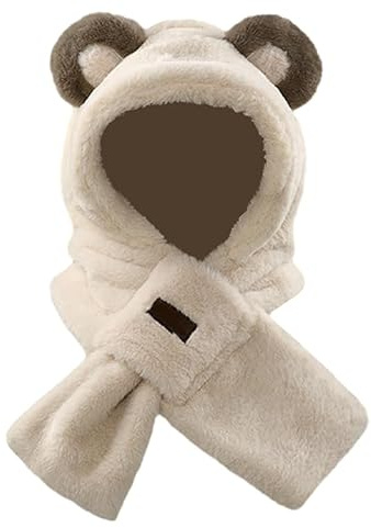 dressfan Plüsch Bär Ohren Mütze Schal 2 in 1 Set, Tier Bär Warme Mütze Hut Ohrenklappen,Lustige Neuheit Geburtstag Weihnachten Geschenke für Kinder Erwachsene,Weiß