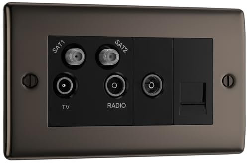 British General NBN69 Nexus Metal Black Nickel 4 Gang 1x TV 1x FM 2x Satellite 1x Telephone Screened Quadplex Socket Outlet