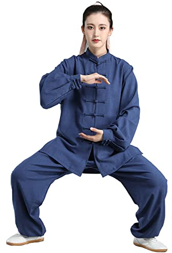 Tai Chi-Kleidung für Herren und Damen, Kampfsportanzug, Kung-Fu-Uniform, Übungskleidung, Taijiquan-Aufführungskleidung, lockere, langärmlige chinesische Stil-Meditation, Blau-Groß (Blau XXS)