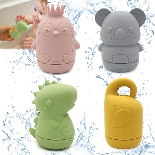 badaren Jouets de Bain | Pack De 4, Jouet Bain Bébé en Silicone, Jouet Piscine Bebe, Ensemble Éducatif pour Salle de Bain pour Enfants pour Le Plaisir du Bain (Pingouin, Dinosaure, Ours Et Éléphant)
