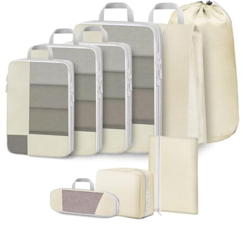 Avmvnvc Organizador de Maleta, 9 Piezas Compression Packing Cubes, Bolsas Organizadoras Maleta, Organizadores Maletas de Viaje, Organizador de Equipaje para Ropa, Ropa Interior, Cosméticos, Beige