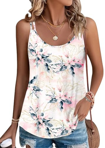 PLOKNRD Women's Summer Vest Tops - Spaghetti Strap Camisole, Breathable Sleeveless Tank Tops for Beach/Party/Daily Wear (White Pink Flower,M)