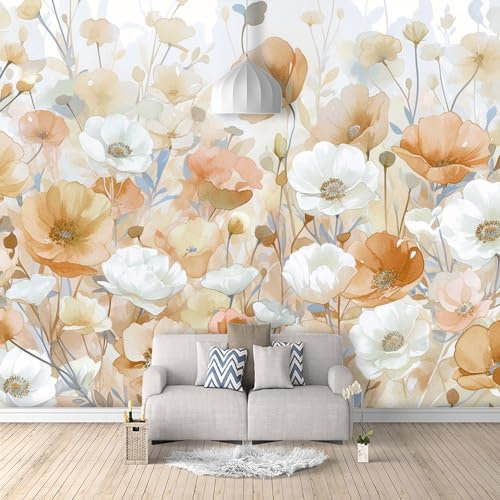 Art Murals Selbstklebend Aquarell Blumenanemone orange weiß 250x175cm Möbelfolie Tapete Vinyl Fototapete für Schlafzimmer Küche Bad Wohnzimmer Für das Hotel