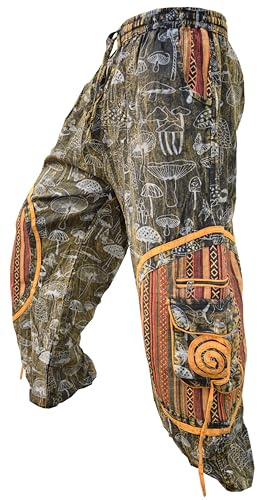 Gheri Mens Cotton Stone Washed Mushroom Print Chakra Embroidery Ali Baba Baggy Trousers Mustard LXL