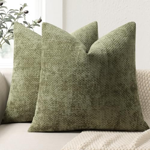 ZWJD Kissenbezug 45x45 2er Set Chenille Kissenbezüge Sofakissen Kissenhüllen Oliv Grün Dekokissen Weiche Sofakissenbezug für Couch, Bett und Wohnzimmer Heimdekoration Luxus Zierkissenbezüge