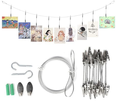Qaestuan Filo per Appendere Foto, 12 Pezzi Clip a Coccodrillo, Corda per Foto Cavo Acciaio 1.6 m X 2 mm, con Viti e Ganci, Cordini Regolabili in Acciaio Inox, per Appendere delle Foto Cartolina
