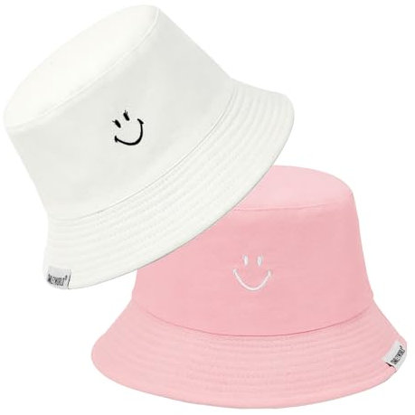 Durio Fischerhut Damen Sonnenhut Baumwolle Bucket Hat Herren Reversibel Faltbar Anglerhut Sommerhut Reisen SmileyWorld® Rosa Weiß