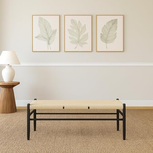 Nicholas Winter Wooden Dining Bench - Black/Natural Woven Rope Seat - 120cm Mid-Century Modern Scandinavian Style - Durable Seating for Dining Room Hallway Office Café