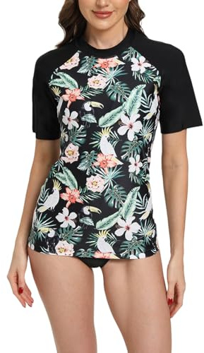 SURFEASY Women's UV Rash Vest UPF 50+ Rash Guard Quick Dry Beach Swim Shirt Swimming Wetsuits Tops Swimsuits Short Sleeve(Black/Leaves,L)