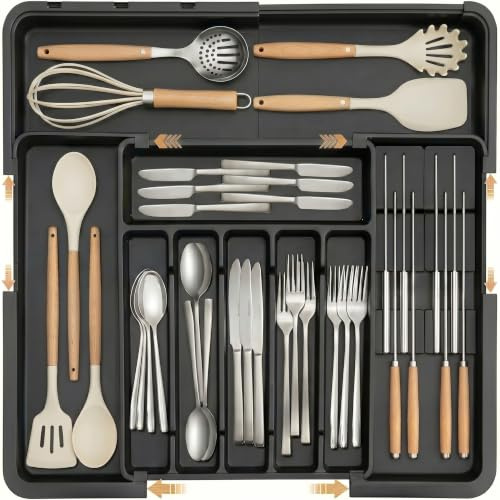 choppix Cutlery Drawer Organiser Expandable 9 Compartment Adjustable Utensil Tray for Kitchen Drawer Storage, Silverware, Forks, Knives & Spoons Holder, Plastic Large Size 36.83 x 33.02 cm