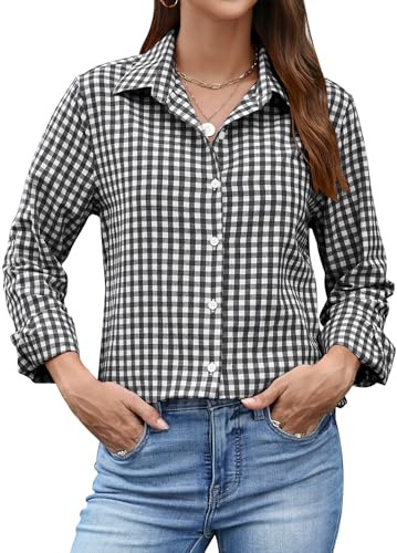 Rapbin Blusa de manga larga para mujer, camisa monocolor, elegante, a rayas, informal, ropa de negocios, blusa holgada, blusa de algodón, túnica, camisa, tops, Negro Blanco Cuadros, S