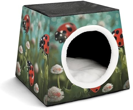 Ladybug LandscapeSpace Capsule Pet Bed for Small Dogs Cats Cozy Oxford Fabric Pet House with Soft Mat Warm Portable 35x35x30cm