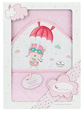 Interbaby - Capa de Baño Bebe Rosa | Toalla Bebe con Capucha 100% Algodón, 100x100cm, Unisex | Suave, Cómoda, Secado Rápido | Ideal Recién Nacidos, Bebes y Niños Pequeños | Diseño Paracaidista