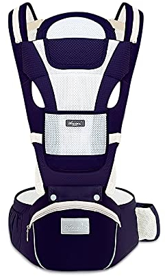 SONARIN Babytrage Atmungsaktiv mit Hüftsitz für Neugeborene und Kleinkinder von 0-36 Monate,Reiner Baumwolle 3D Air Mesh Babytrage Ergonomische,Multiposition,Bis zu 30 kg(Dunkelblau)