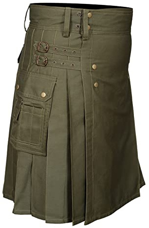 Kilts for Men Utility Kilt Cotton Cargo Pockets (Belly Button Measurements 38, Olive Green)