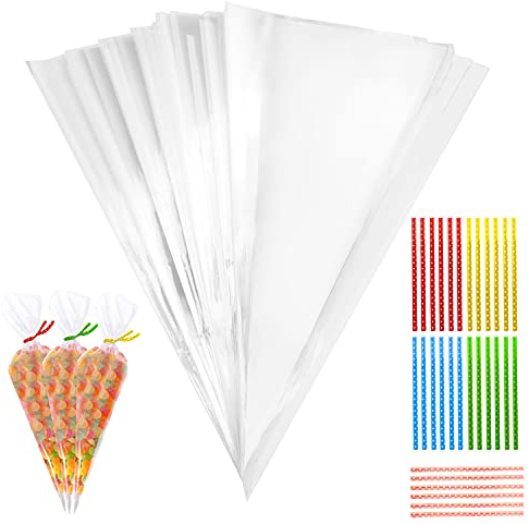 100 Stück Süßigkeiten Tüten, 25x13cm Candy Bar Tüten Spitztüten Transparent Cellophantüten Weihnachten mit 100 Twist Ties Geschenktüten für Kekse Schokolade Bonbons Hochzeit Halloween