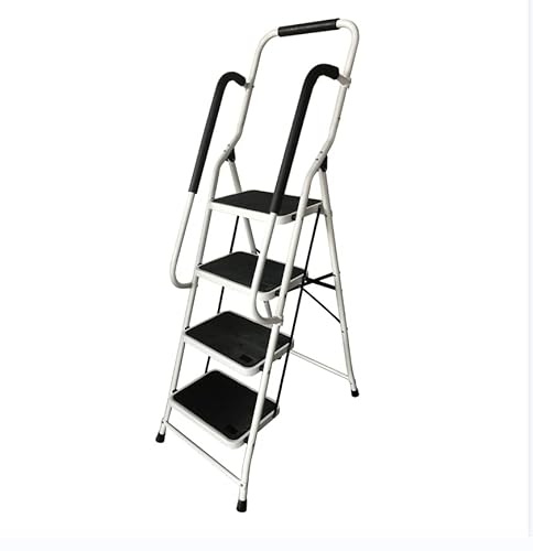 Escalera plegable de 4 niveles con pasamanos, estable, escaleras plegables de acero, plegable, plegable, plegable, antideslizante, escalera de pie, soporta hasta 150 kg