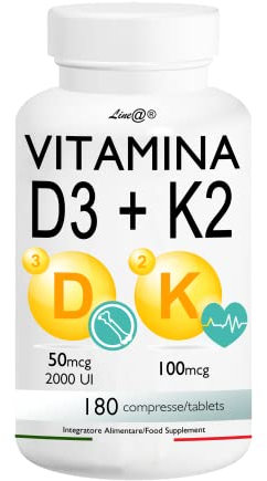 VITAMINA D3 + K2 Line@diet | 180 compresse per 6 MESI | 2000 U.I. di vitamina D3 + 100mcg di vitamina K2