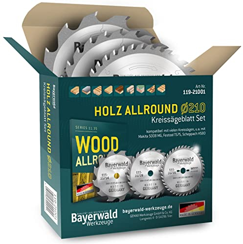 HOLZ ALLROUND Bayerwald Hand-Kreissägeblatt Set Ø 210 (3 tlg.) - für Holz Längsschnitt/Tischlerplatten etc. - Geeignet für Handkreissägen u.a. mit Bosch GKS 165 GKS 55. Makita DHS630Z