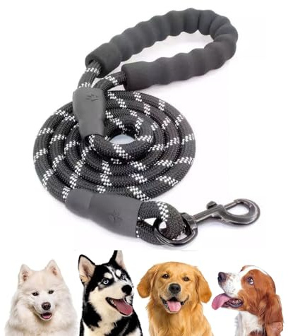 DistriPet Correa Perro, Correa Perro Grande, Fuerte 1,5mts con Mango Acolchado y Suave y Nylon Sólido. con Hilos Reflectantes es Ideal para Perros Pequeños, Medianos y Grandes. Cuerda 5ft.