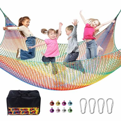 LPIW Climbing Net for Kids - 14.8FT x 9.9FT Double Layers Heavy Duty Playground Safety Net, Climbing Cargo Net for Tree House Tree Fort, Back Yard, Jungle Gyms, Monkey Bar Security Mesh（Rainbow）