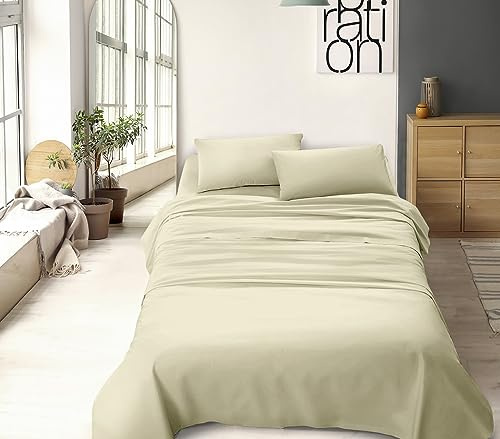 IlGruppone Set Lenzuola 100% Cotone Di Flanella Completo Letto Made In Italy Anti-Pilling Tinta Unita Lenzuolo Sopra Sotto Federe (Matrimoniale, Panna)